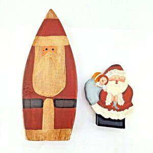 Handmade Wooden Folk Art Santa Set Rustic Hand Painted Christmas Decor